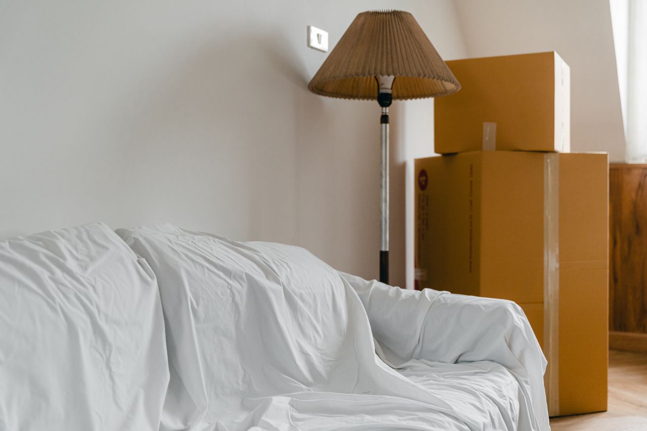 team-02 Covered with sheet sofa and floor lamp and packed cardboard boxes in light spacious room of new contemporary house